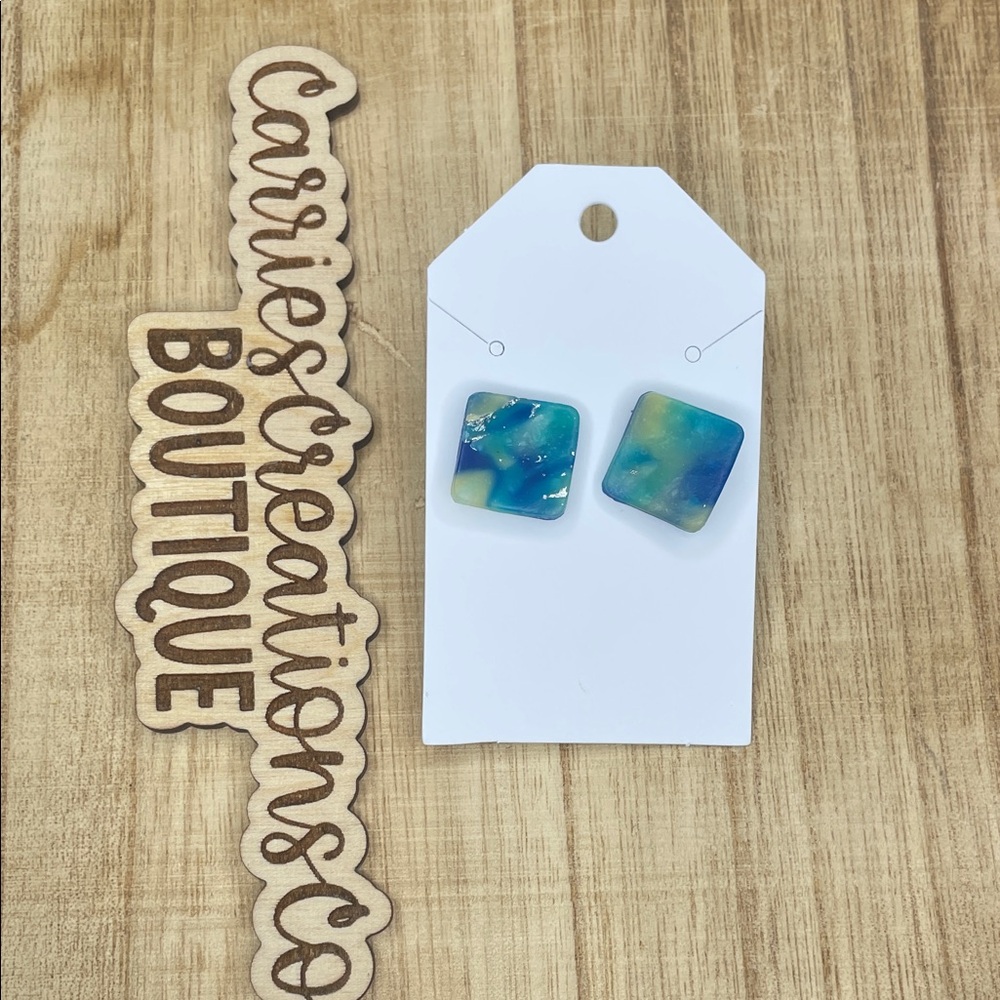 Handmade Square Stud Earrings - Blue & Green
